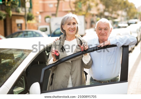 Happy elderly man and woman with keys in hands\
posing next to new car\
outdoors