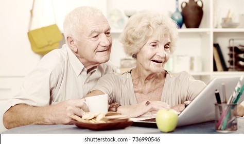 Happy elderly pair using laptop sitting at table at home