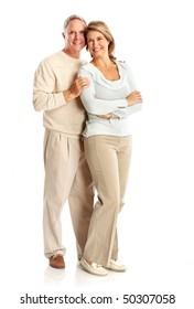 Happy Elderly Seniors Couple In Love. Isolated Over White Background