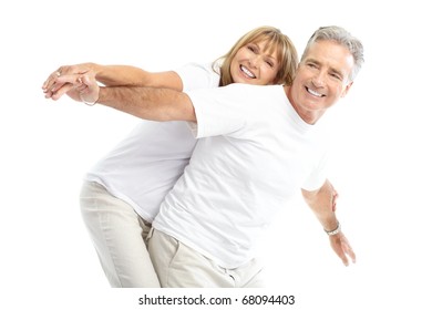 Happy Elderly Seniors Couple In Love. Isolated Over White Background