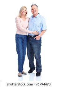 Happy Elderly Seniors Couple In Love. Isolated Over White Background