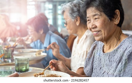 Happy Elderly Twin Senior People Society Lifestyle Concept. Ageing Asia Women Having Dinner On Dining Table Together In Hospice Older Wellbeing Nursing Home Community.