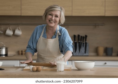Happy elderly woman preparing pastries in kitchen, attractive mature female wear apron hold rolling-pin flattening prepared dough makes home-made cake. Family recipe, natural ingredient for cookery