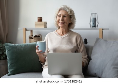 Happy elderly woman sit relax on couch in living room drink coffee or tea work on laptop, smiling modern mature 60s female enjoy leisure weekend at home, browsing wireless internet on computer gadget