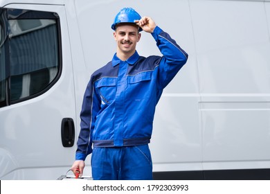 Happy Electrician Or Plumber With Toolbox Near Van Vehicle