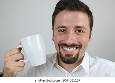 Happy Elegant Man Holding White Mug 