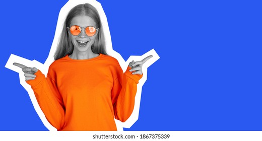 Happy emotional beautiful girl posing isolated on blue background. Collage in magazine style. Flyer with trendy colors, copyspace for ad. Discount, sales season, fashion and style concept.