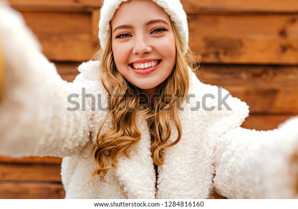 Happy Emotional Blonde Burning Blue Eyes Stock Photo Edit Now
