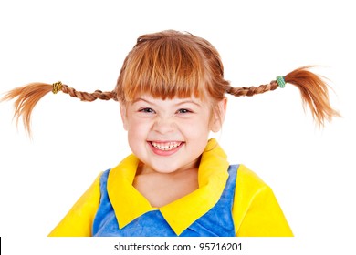 Happy emotional little girl with funny braids