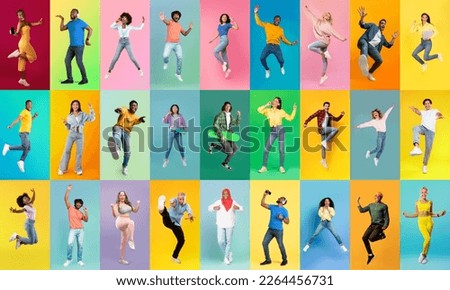 Happy Emotions. Group Of Cheerful Multiethnic People Posing Over Colorful Backgrounds, Full Length Shots Of Diverse Positive Young Men And Women Having Fun And Fooling In Studio, Collage