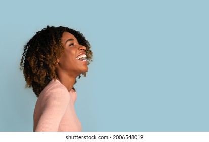 Happy Emotions. Portrait Of Beautiful Laughing African American Woman Posing Over Blue Background, Cheerful Young Curly Black Woman Having Fun In Studio, Having Good Mood, Side View Shot, Copy Space
