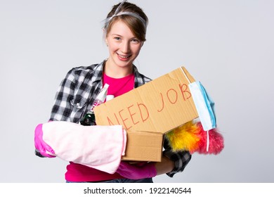 Happy End Of Pandemic. Caucasian Happy, Maid Woman With Cleaning Tool Set Near Medical Mask, Searching A Job After Quarantine. Hotel Room, Cleaning Service Workplace. Advertisement. High Quality Photo