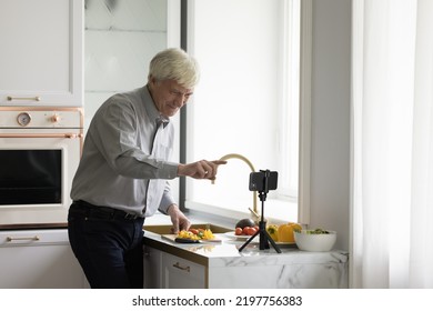 Happy engaged senior blogger man recording recipe of organic healthy meal, cooking salad in kitchen, cutting fresh vegetables, speaking at mobile phone camera on video call - Powered by Shutterstock