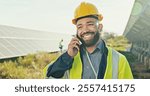 Happy engineer, solar power and man with phone call for photovoltaic plate inspection and troubleshooting. Electrical worker, client feedback and network integration for quality assurance on field