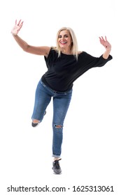 Happy Excited Cheerful Middle Aged Beautiful Woman Waving Both Hands At Camera And Smiling. Full Body Length Isolated On White Background. 