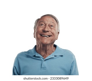 Happy, excited and face of senior man with smile on isolated, png and transparent background. Happiness, thinking and elderly male person with wow expression, positive attitude and ideas for promo