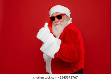 Happy excited funny bearded old Santa Claus wearing costume showing thumb up hand like gesture looking at camera standing isolated on red background. Christmas ads recommendation choice concept. - Powered by Shutterstock