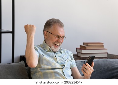 Happy excited grandfather holding smartphone, laughing, shouting for joy, getting good news, reading text message on screen, making winner yes hand gesture. Surprised older man winning prize