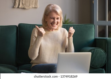 Happy Excited Grey Haired Mature Woman Celebrating Online Win, Using Laptop, Looking At Screen, Sitting On Couch At Home, Middle Aged Female Feeling Amazed, Surprised By Unbelievable Good News