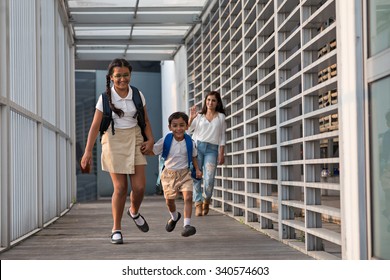 Happy Excited Indian Kids Running To School