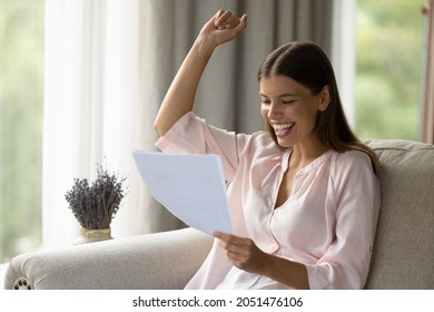 Happy Excited Millennial Girl Reading Paper With Good News. Student Getting Acceptance From School, Test Exam High Successful Result, Making Winner Gesture, Celebrating Success, Achieve