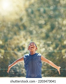 Happy, Excited And Shouting Basketball Child With A Smile Outdoor On Sport Court. Black Boy Playing, Enjoy And Fitness While Training, Exercise Or Practice During Summer At Sports Club With Happiness