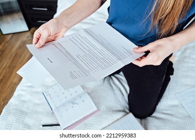 Happy Excited Woman Student Customer Reading Offer Letter With Good News, Great Cheap Offer, Get Job Opportunity. Young Woman Holding Paper Mail Bank Statement Letter At Home