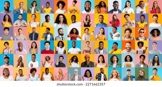 Happy Excitement. Portraits Of Joyful Multiethnic Men And Women Posing On Colorful Backgrounds, Diverse Multicultural People Expressing Positive Emotions, Looking And Smiling At Camera, Collage - Shutterstock ID 2271662357