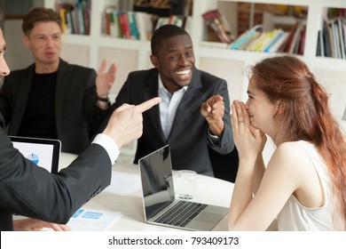 Happy Executive Businesswoman Feels Shy At Corporate Office Meeting While Male Colleagues Congratulating Supporting Success Win Pointing Fingers At Coworker, Achievement At Work, Employee Recognition