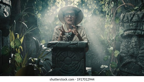 Happy Explorer Finding A Precious Treasure In The Tropical Jungle, Adventure And Fantasy Concept