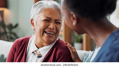 Happy face, nurse and elderly patient in nursing home for healthcare and volunteer with charity on sofa. African caregiver, laughing and embrace a senior lady with trust and medical support on couch - Powered by Shutterstock