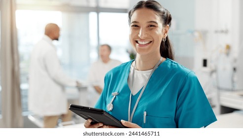 Happy, face and woman with a tablet, doctor and typing with connection, website info and employee. Portrait, nurse and medical professional with tech, clinic and research with internet or digital app - Powered by Shutterstock