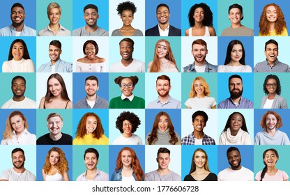 Happy Faces Collage. Composite Picture Of Diverse Joyful Young People Expressing Happiness Over Blue Colored Studio Backgrounds.