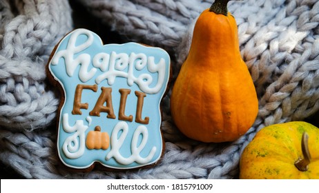 Happy Fall Cookies On Dark Background. Place For Text. Autumn Concept.