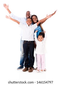 Happy family with arms up - isolated over a white background 