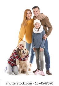 Happy Family In Autumn Clothes And With Dog On White Background