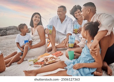 Happy family, beach and drink juice at picnic for holiday, summer and travel. Lunch, food and people by sea with parents, generations and kids with grandparents at thanksgiving celebration to relax - Powered by Shutterstock