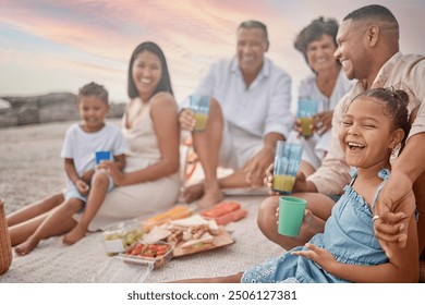 Happy family, beach and kid laughing at picnic for holiday, summer or travel. Lunch, food and people by sea with parents, generations or funny children drink juice at thanksgiving celebration outdoor - Powered by Shutterstock