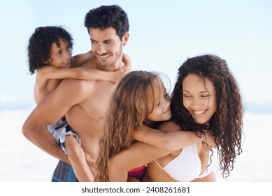 Happy family, beach and piggyback for bonding, vacation or outdoor holiday weekend together. Father, mother and children smile for hug, love or back ride on summer break by the ocean coast in nature - Powered by Shutterstock