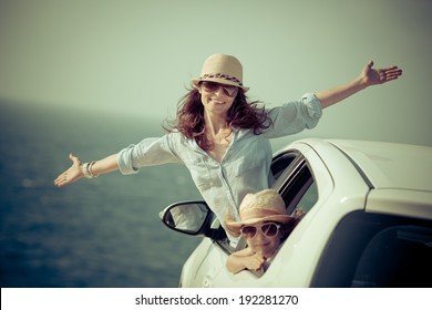 Happy Family At The Beach. Summer Car Trip. Vacations Concept