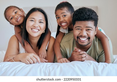 Happy family, bed and girl with mother, father and sister in a bedroom for fun, bond and rest together. Face, portrait and mexican family hug, smile and happy with kids and parents embrace in Mexico - Shutterstock ID 2220950331