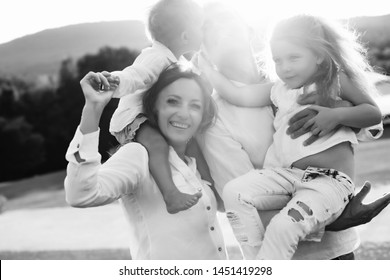 A happy family. Black and white photo.