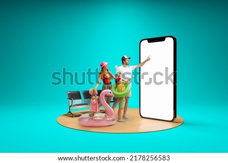 Happy family booking summer vacation trip using 3d model of phone with empty white screen isolated on blue background. New app, holiday, travel, ad concept On-line shopping, travel, ad, sales,