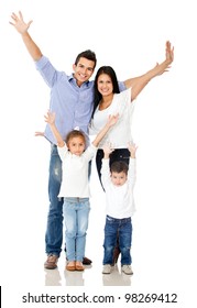 Happy Family Celebrating With Arms Up - Isolated Over A White Background