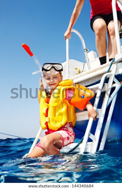 Happy Family Child On Yacht Snorkeling Stock Photo (Edit Now) 144340684