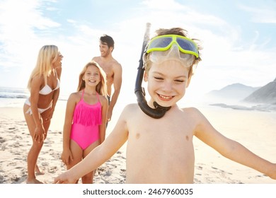 Happy, family and children with goggles on beach for snorkeling, adventure and freedom on vacation. Kid, smile and parents with girl on holiday in Florida, summer or excited for swimming in sea - Powered by Shutterstock