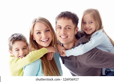 Happy Family With Children On White Background