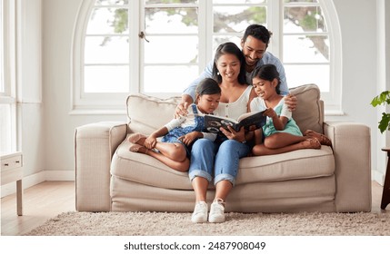 Happy family, children and parents reading book on couch for learning, bonding and teaching in home together. Dad, education and mom with kids storytelling for fairytale, fantasy or child development - Powered by Shutterstock