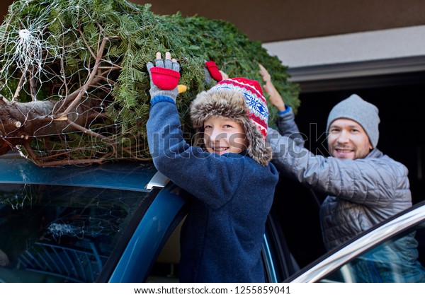 happy family christmas\
tree shopping, taking the tree off car roof, enjoying magical time\
together