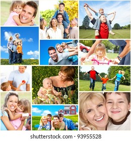 Happy Family Collage Background. People Outdoors.